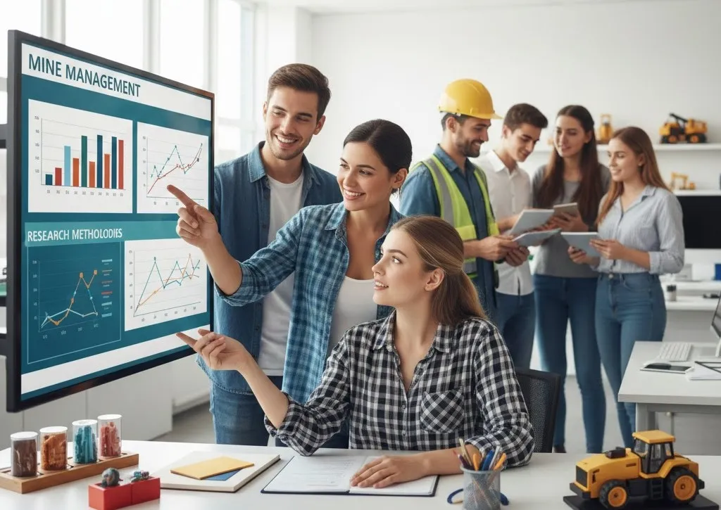Estudiantes analizando planos mineros. Imagen ilustrativa de ACERO Y ROCA