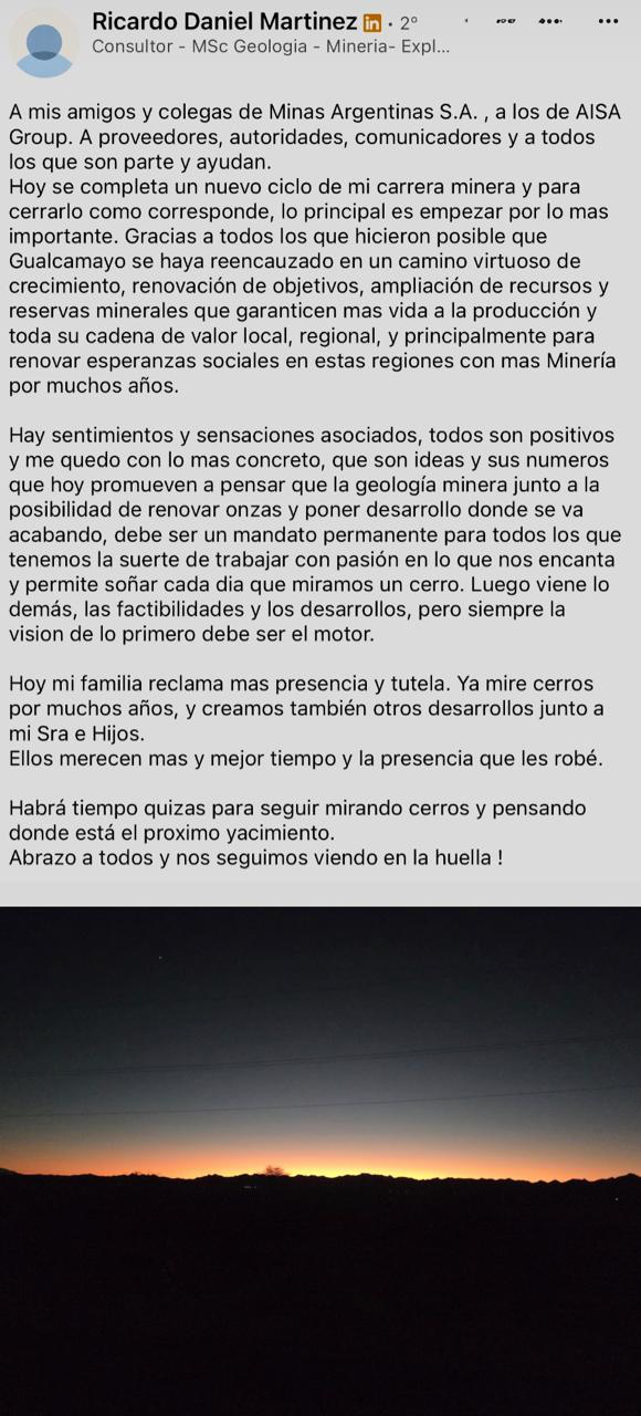 mensaje de Ricardo martinez en su perfil de LinkedIn