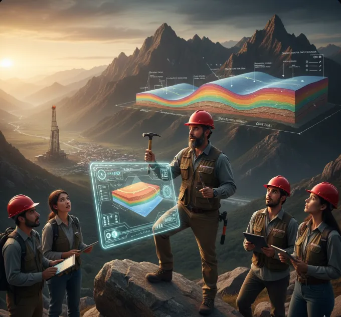 Repreesentación gráfica de un equipo de mineros mostrando mapas y analítica de datos mineros. Imagen ilustrativa de ACERO Y ROCA