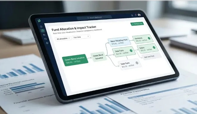 Tablero digital financiero con gráficos de barras y KPIs sobre el uso de fondos de un bono sustentable.