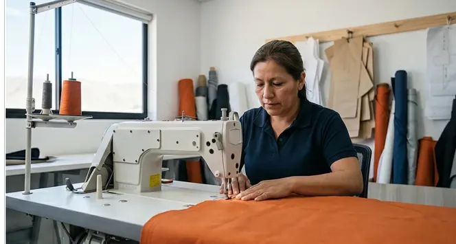 Imagen ilustrativa creada por ACERO Y ROCA. Proceso de confección con mano de obra local calificada en el taller ubicado en San Juan.