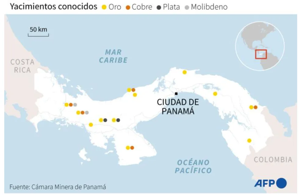 Mapa de depósitos minerales en Panamá.