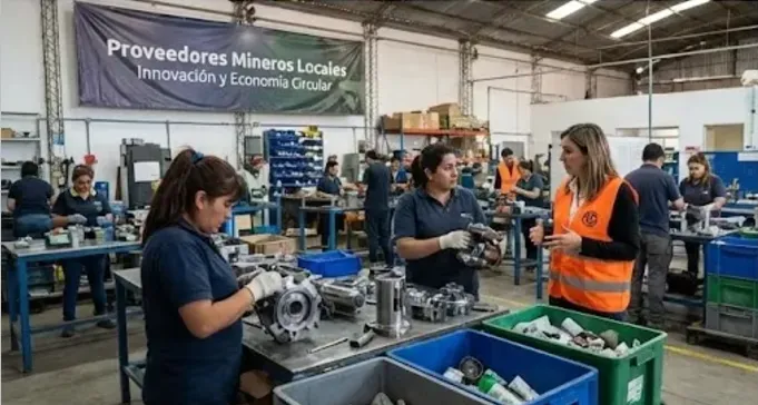 Mujeres operarias en un taller de fabricación o reciclaje, representando la inclusión laboral y la economía circular en la cadena de proveedores mineros.