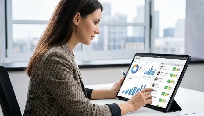 Persona analizando datos de reclutamiento en una tablet. Imagen ilustrativa de ACERO Y ROCA