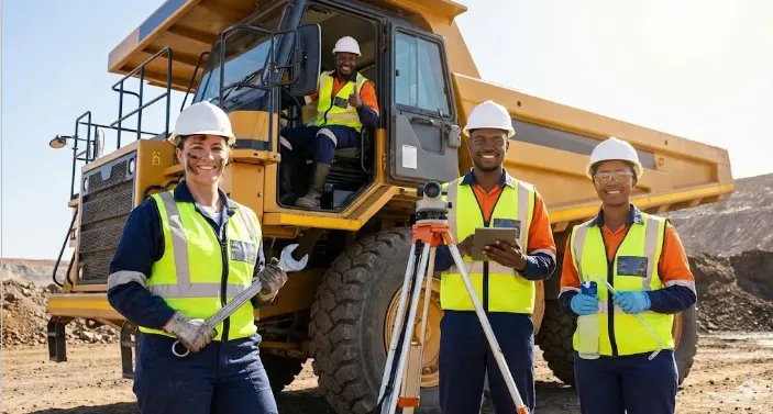 Operarios técnicos trabajando en mantenimiento de planta minera. Imagen ilustrativa de ACERO Y ROCA
