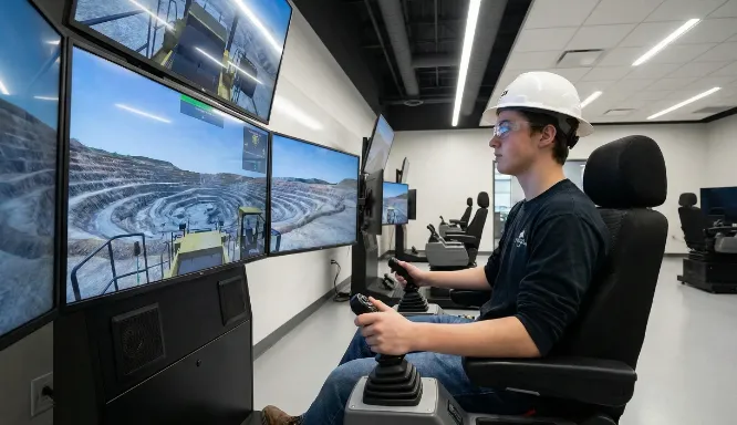 Ingresante minero utilizando simulador de maquinaria pesada. Imagen ilustrativa de ACERO Y ROCA