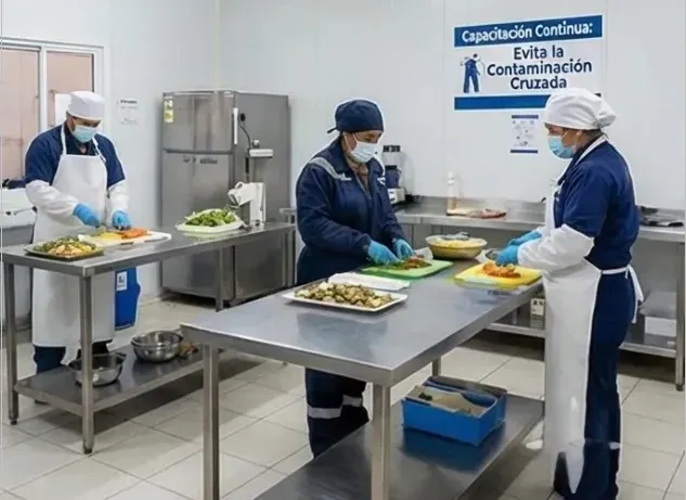Cocineros con uniforme y elementos de protección cumpliendo protocolos de inocuidad.