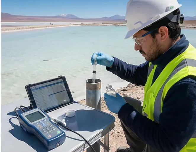 Técnico minero realizando una medición o monitoreo ambiental en un río o fuente de agua.