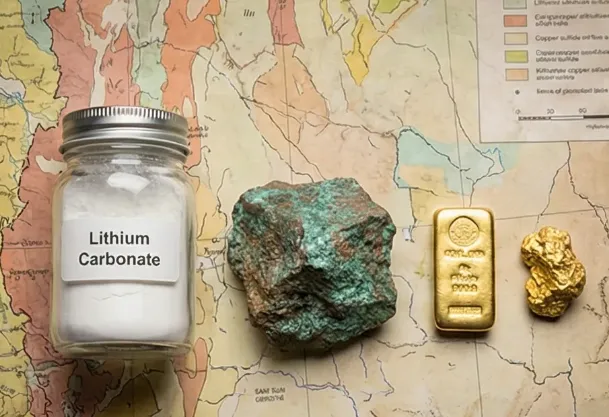 Imagen de ACERO Y ROCA Mapa de Argentina con íconos de litio, cobre y oro indicando zonas de interés para inversiones mineras de China. Imagen de Acero y Roca