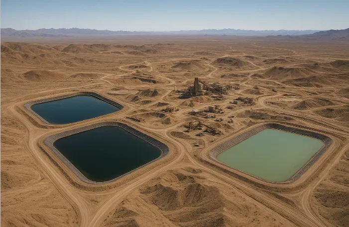Vista aérea ilustrativa de un proyecto minero en zona desértica con depósitos de agua de reúso.
