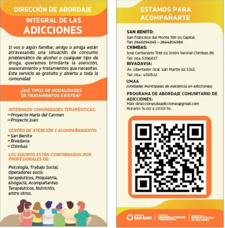 Flyer institucional o folleto de la Dirección de Abordaje Integral de las Adicciones de San Juan, mostrando el contacto y la estructura de tratamiento