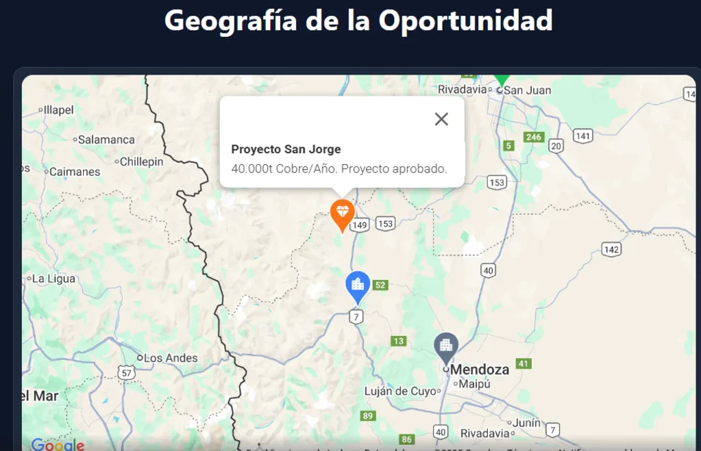 Mapa del Proyecto San Jorge, mostrando su ubicación en Uspallata, cerca del límite entre Mendoza y San Juan.