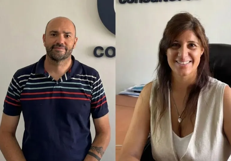Retrato de Hugo Eduardo Ibiza (Higiene y Seguridad) y Ana Carolina Icazati (Psicopedagogía Laboral), fundadores de BTI Consultores