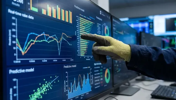 Pantallas en un centro de control minero con datos en tiempo real y gráficos de sensores para la toma de decisiones.