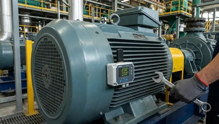 Sensor industrial midiendo temperatura y vibración en un motor o eje de una correa transportadora minera.