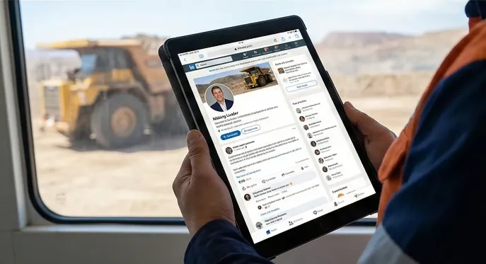 Interfaz de red social profesional con perfiles de líderes de la industria minera.