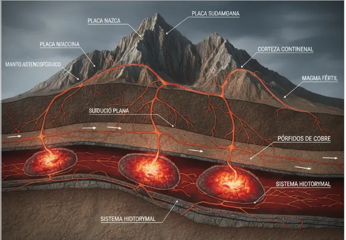 Diagrama que muestra el fenómeno de Subducción Plana y cómo traslada el arco magmático hacia Argentina.