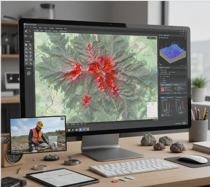 Flujo de trabajo (workflow) de Geotectónica Exploración Minera con sus cuatro etapas: Satelital, Campo, Geofísica e Interpretación.