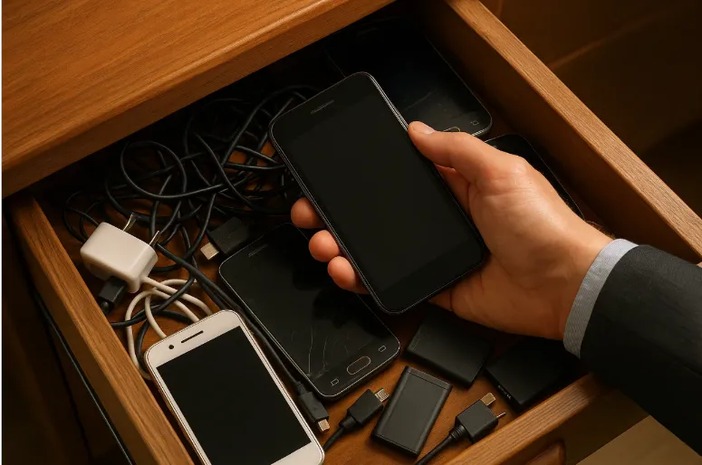 Persona dudando en reciclar un dispositivo electrónico viejo, ejemplificando el "efecto tesoro".