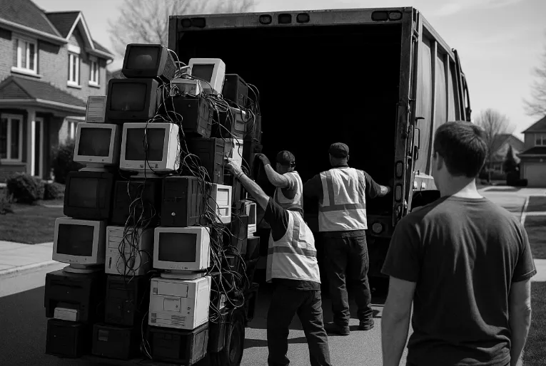 Camión recolectando cajas con dispositivos viejos