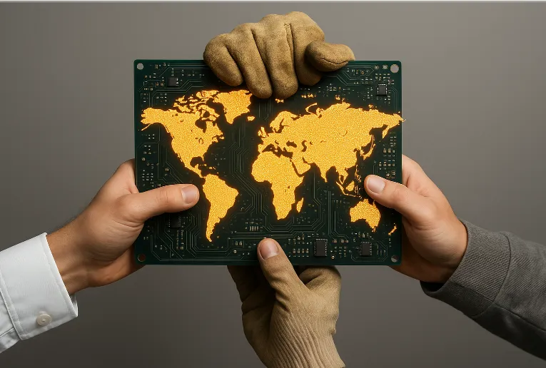 Diagrama representando el modelo de colaboración de "tres patas" en la Minería Urbana Residuos.