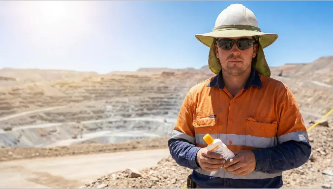 Trabajador minero con casco, gafas de sol y protección facial completa. Imagen ilustrativa de ACERO Y ROCA