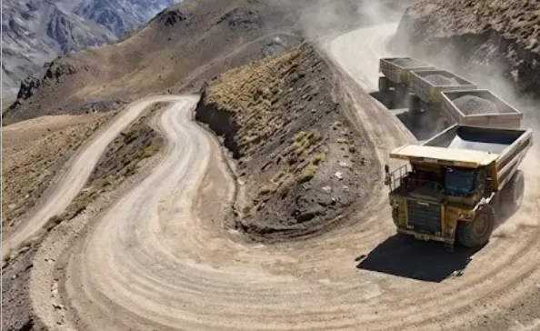 Camión minero operando en una curva cerrada de montaña. Imagen ilustrativa de ACERO Y ROCA
