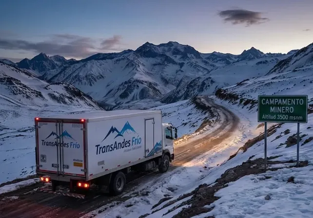 Camión refrigerado circulando por ruta de alta montaña hacia un proyecto minero.