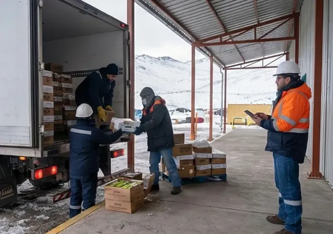 Operarios descargando pallets de alimentos en un almacén de campamento minero.