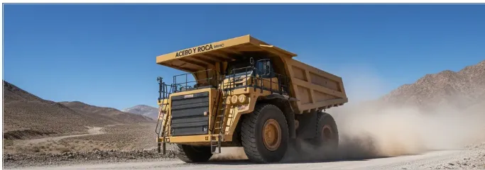 Camión de carga pesada circulando por una ruta hacia un yacimiento minero. Imagen ilustrativa de ACERO Y ROCA