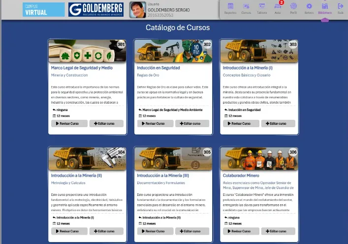 Captura de pantalla del catálogo de cursos del Campus Virtual Minero.