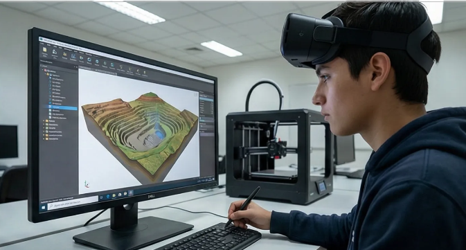 Estudiante de minería trabajando en simulación 3D. Imagen ilustrativa de ACERO Y ROCA