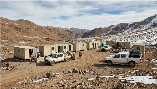 Módulos habitacionales mineros en zona de cordillera.