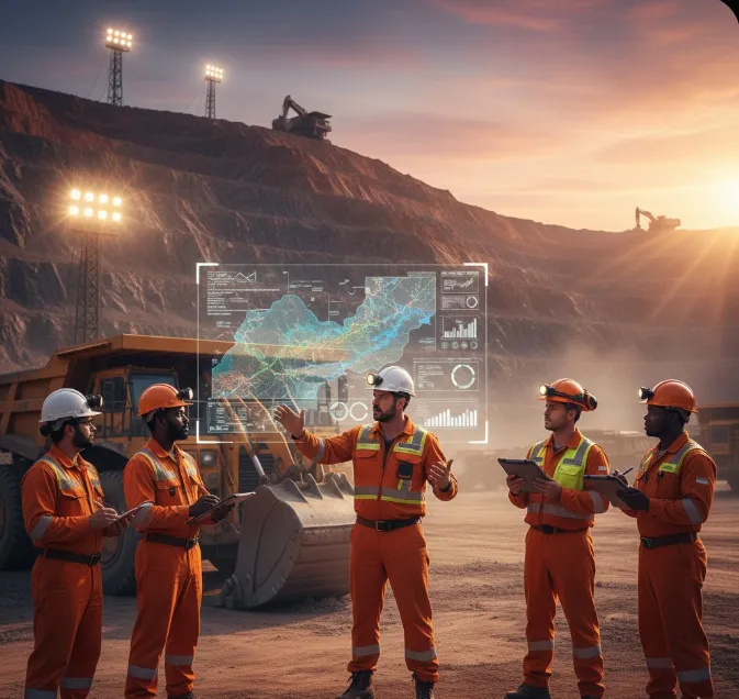 Representación visual de tecnología digital e inteligencia artificial aplicada a procesos de extracción y maquinaria minera.