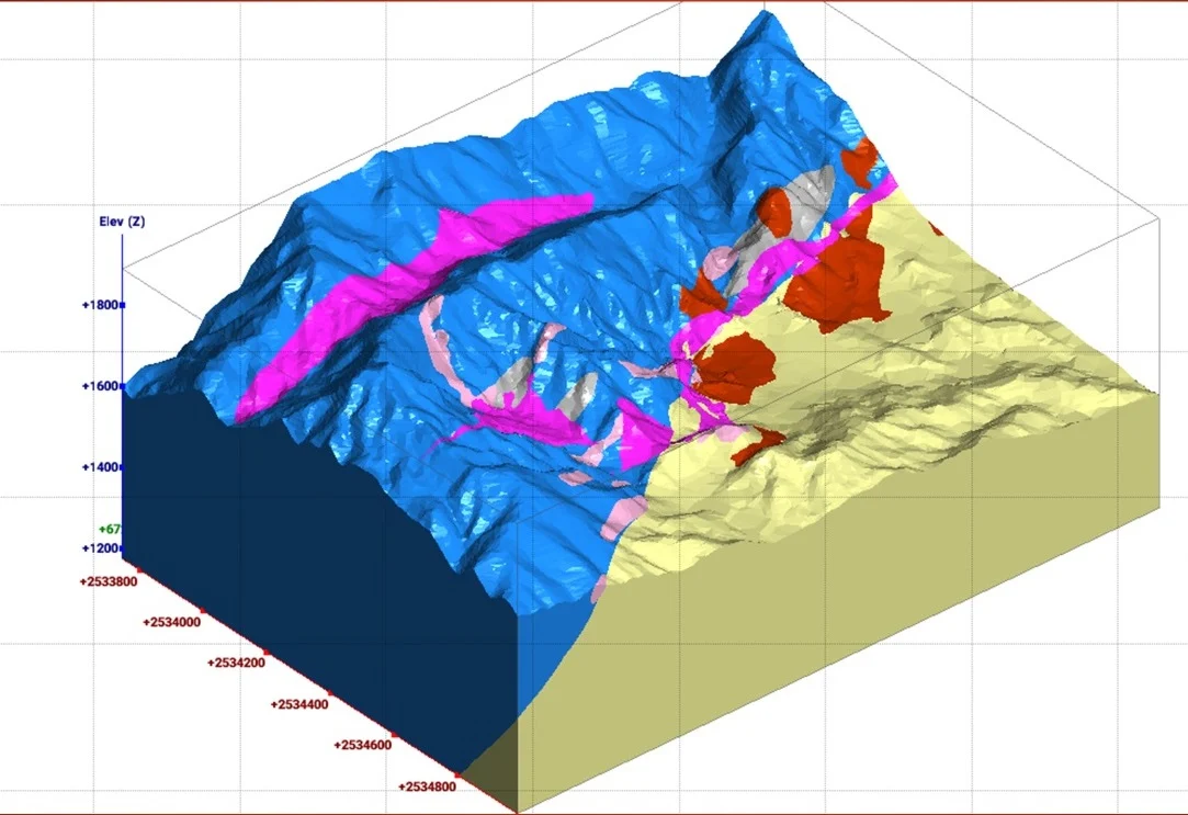 Vista tridimensional de un mapa geológico mostrando estructuras de falla y diferentes unidades de roca.