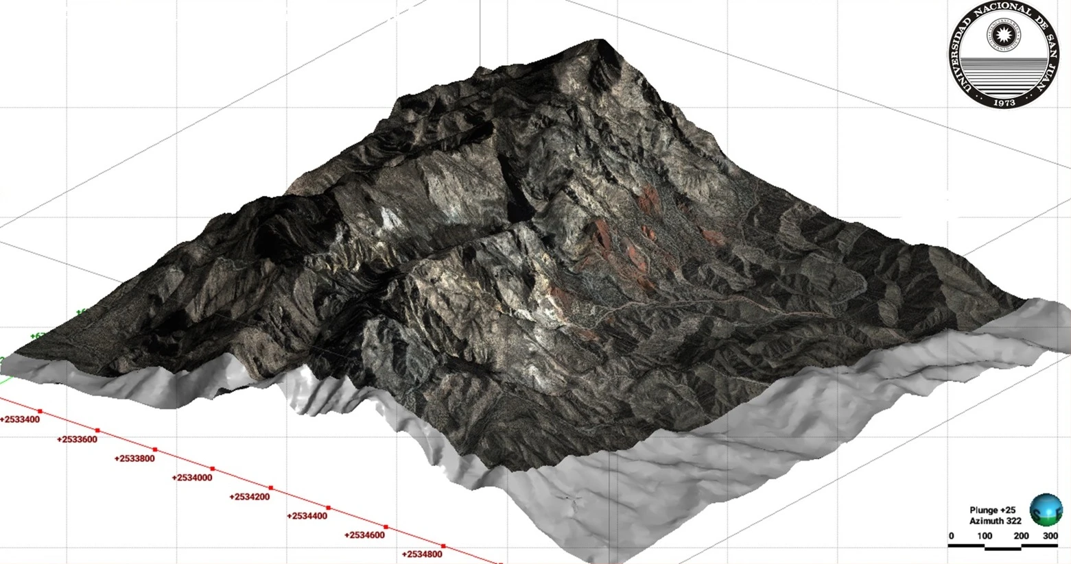 Visualización de un modelo geológico sobre una imagen satelital del área del Proyecto Salamanca.