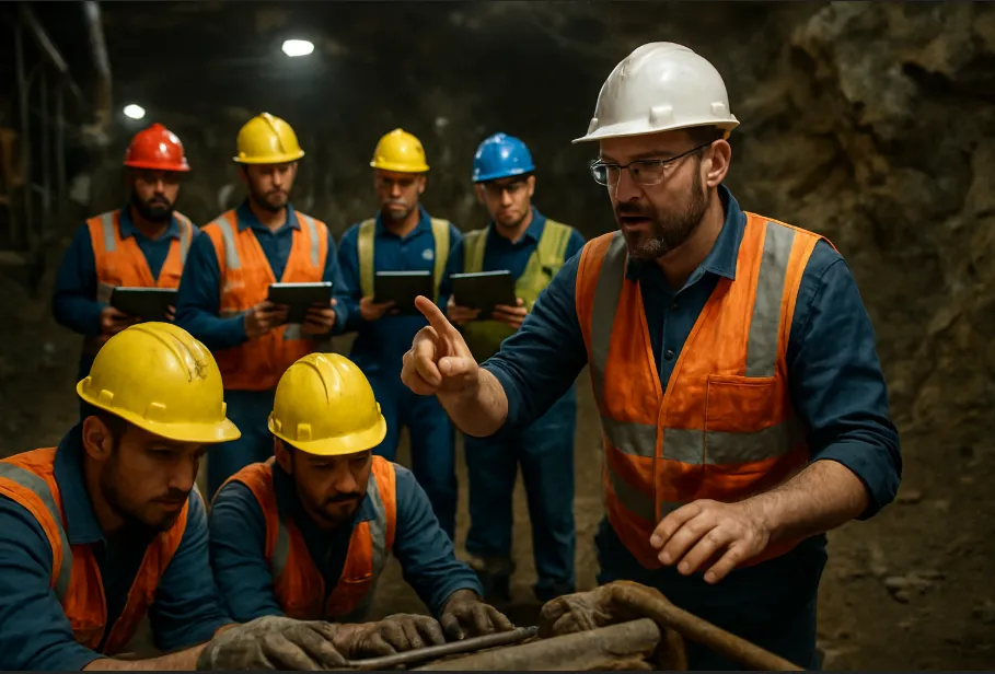 Equipo de trabajadores mineros en un ambiente laboral feliz