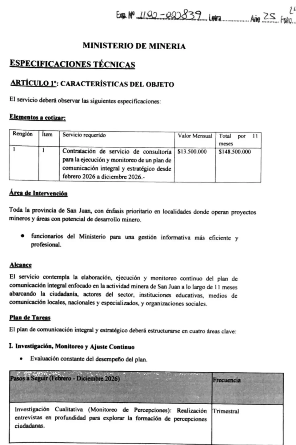 Detalles del Pliego licitacion comunicación minera San Juan 2026.