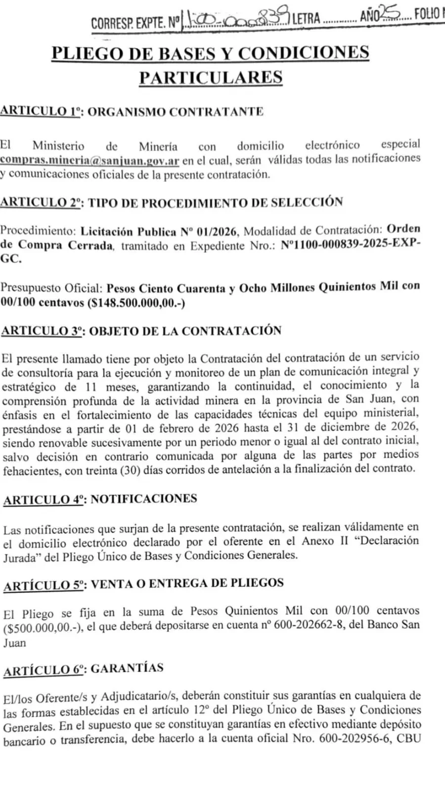 Pliego de licitación