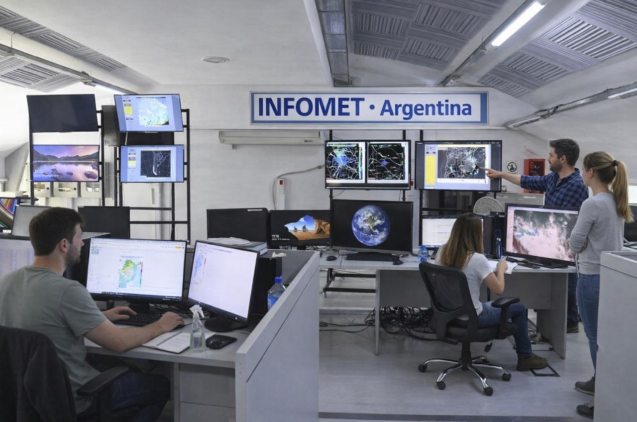 Meteorología minera argentina: Equipo de Infomet analizando condiciones meteorológicas en zonas mineras de alta montaña.