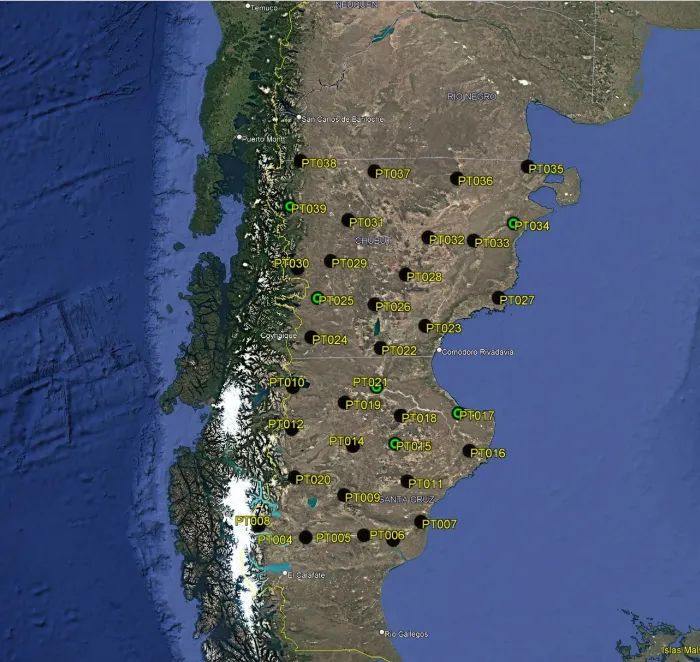 Mapa de ubicación de las 39 estaciones sismológicas en Chubut y Santa Cruz.