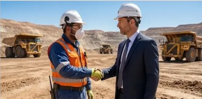 Manos de personas estrechándose en una operación minera. Imagen ilustrativa de ACERO Y ROCA