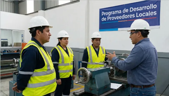 Trabajadores locales participando en una sesión de capacitación como parte de un Programa de Desarrollo de Proveedores. Imagen ilustrativa de ACERO Y ROCA.