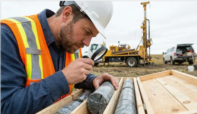 Geólogo examinando testigos de perforación para certificación de recursos. Imagen ilustrativa de ACERO Y ROCA.