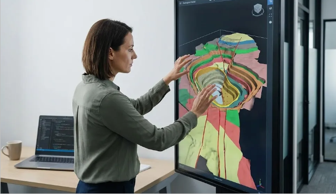Geólogo interpretando datos de IA en geología minera. Imagen ilustrativa de ACERO Y ROCA