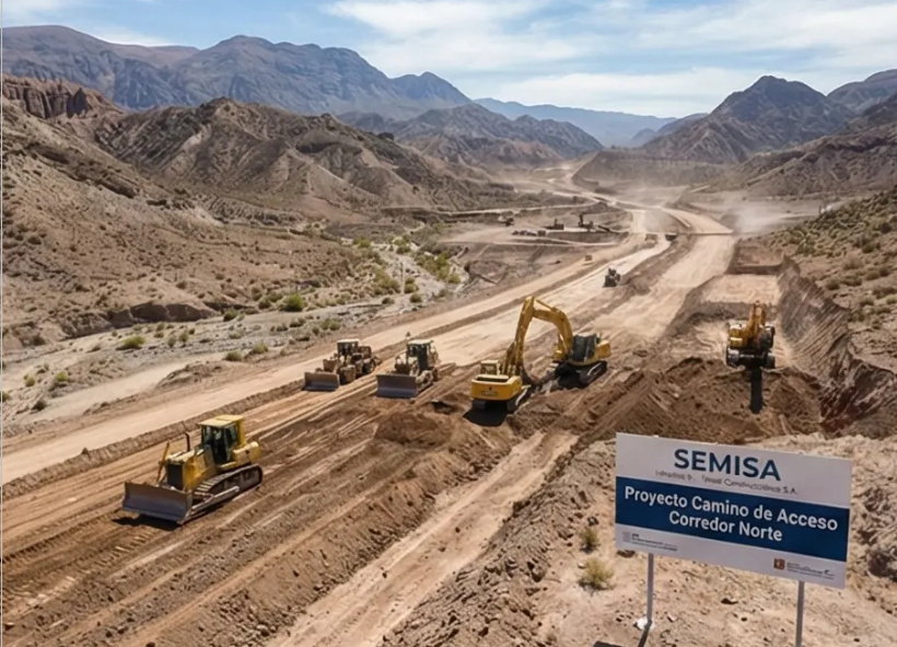 Avance de obras camino de acceso corredor norte licencia social minera San Juan.