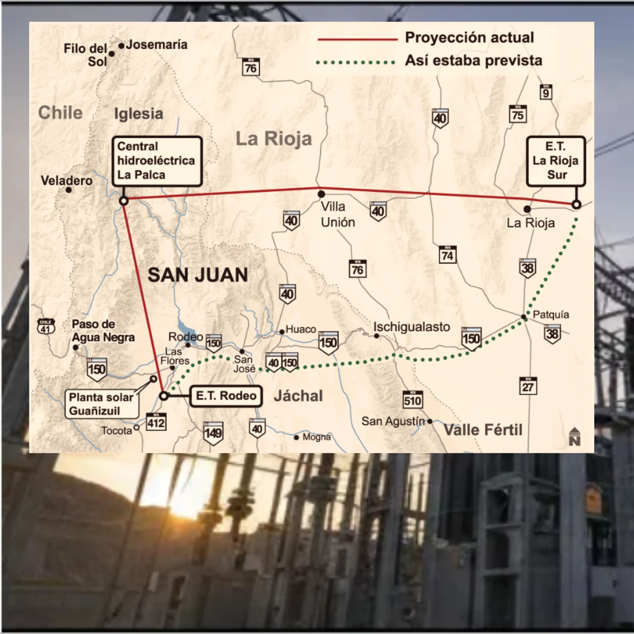 Diagrama de interconexión eléctrica de 500kV Rodeo-La Rioja Sur.