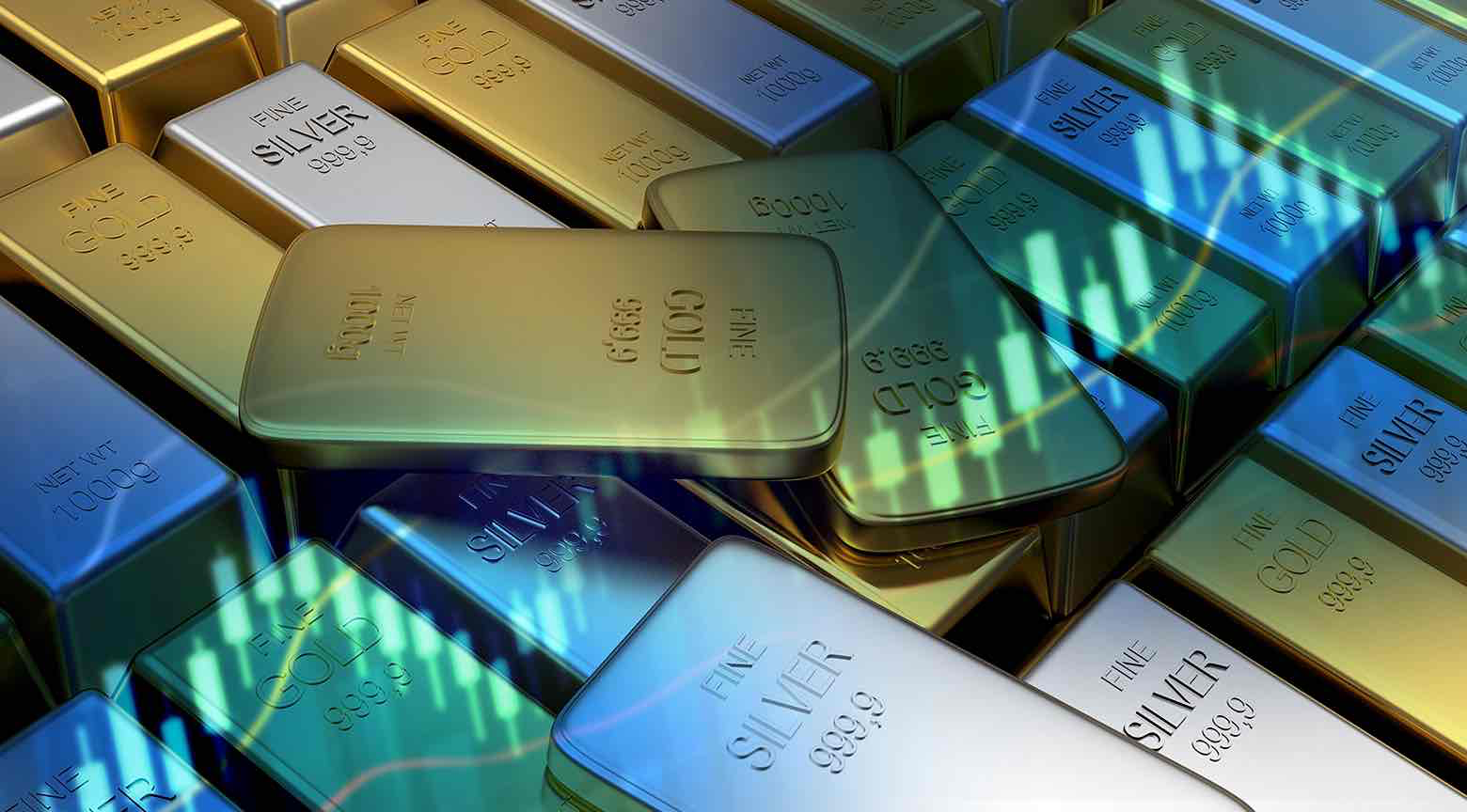 Gráfico financiero mostrando la escalada del precio de la plata y el oro.