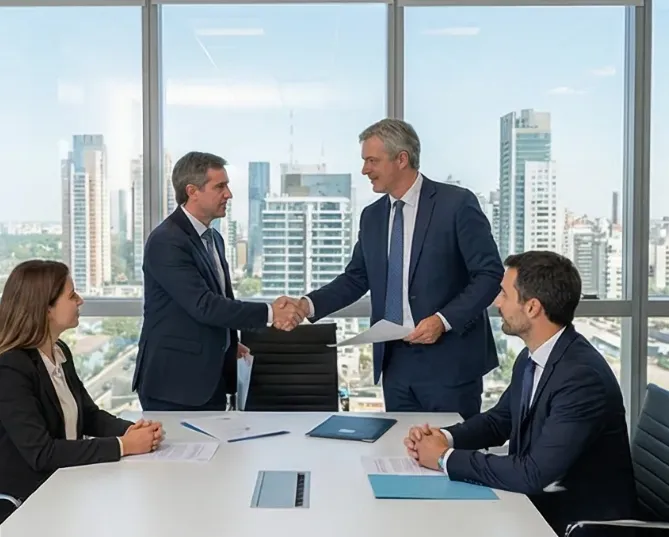 Cierre de un acuerdo comercial entre inversores y desarrolladores locales en oficinas corporativas de Buenos Aires. Imagen ilustrativa de ACERO Y ROCA