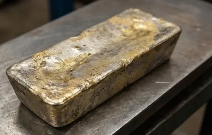 Barra metal doré exportación refinación minería Argentina. Imagen ilustrativa de ACERO Y ROCA